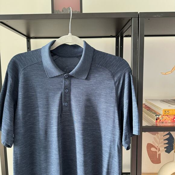 Lululemon Metal Vent Tech Heathered Blue Short Sleeve Polo Shirt Men’s Medium - Picture 2 of 8